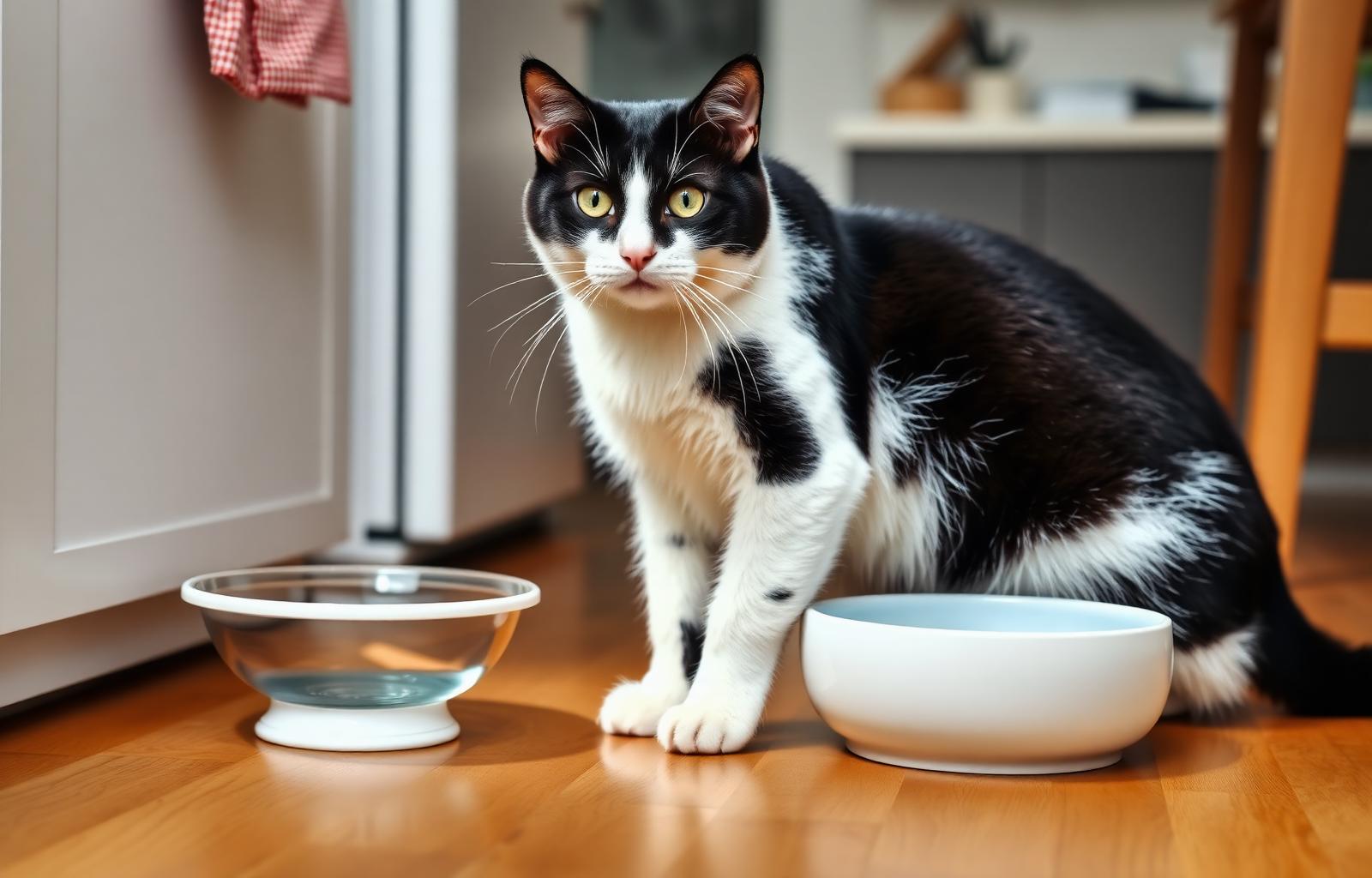 Tracking how much water your cat drinks each day Black and white tuxedo cat sitting between two clean water bowls in a bright kitchen