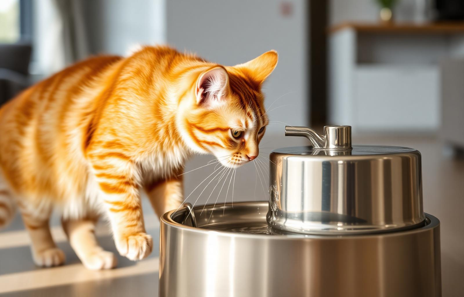 Pet water fountains can encourage healthy hydration in cats Orange tabby cat drinking from a stainless steel pet water fountain in a bright modern living room