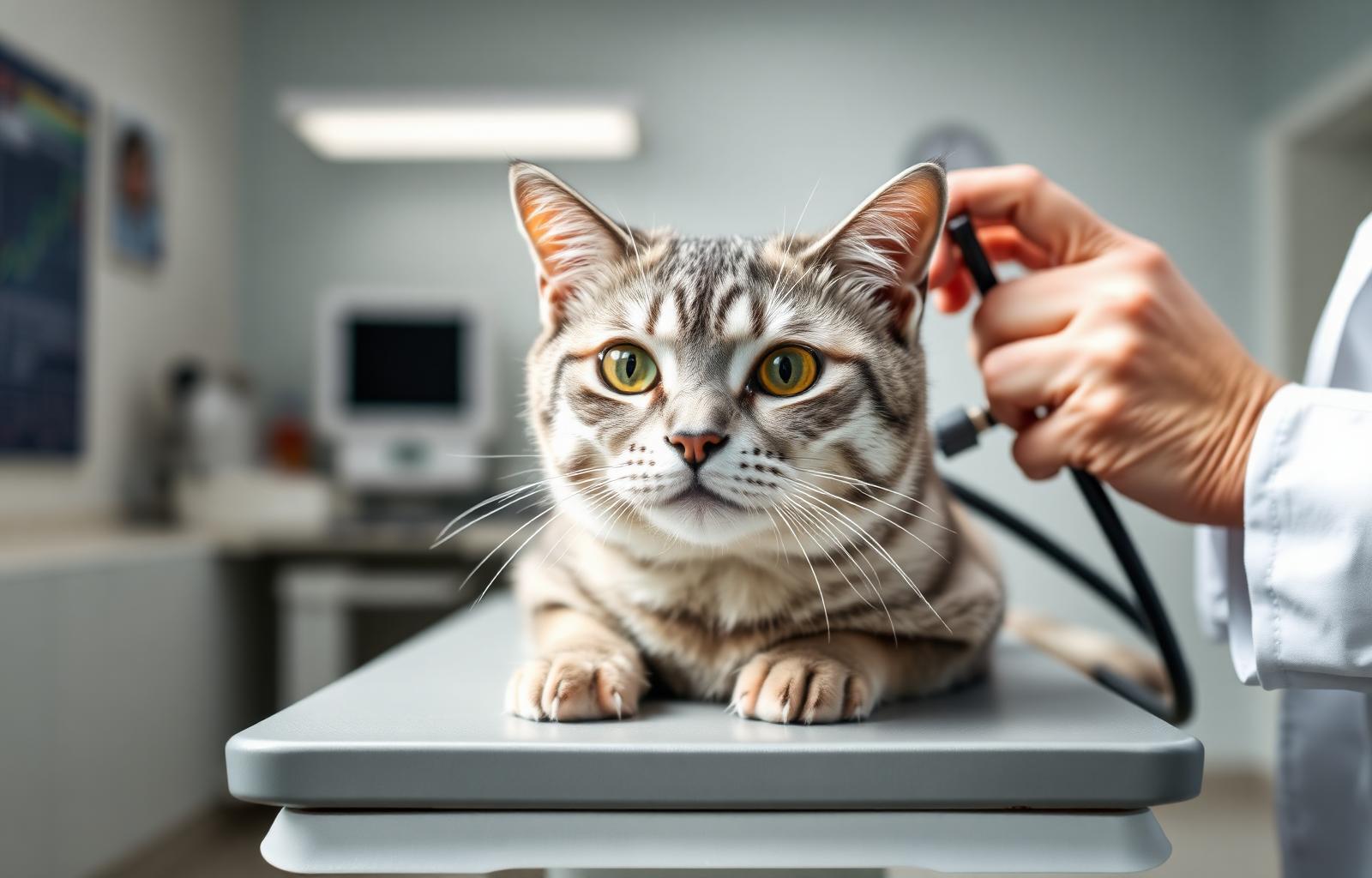 A veterinary exam can quickly identify the cause of excessive thirst in cats Gray tabby cat being examined by a veterinarian holding a stethoscope on an exam table in a clean clinic