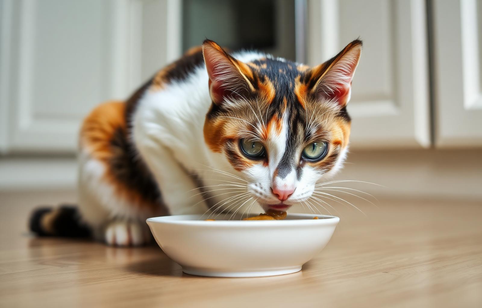 Wet food is one of the easiest ways to keep cats hydrated Calico cat eating wet food from a shallow ceramic dish on a clean kitchen floor