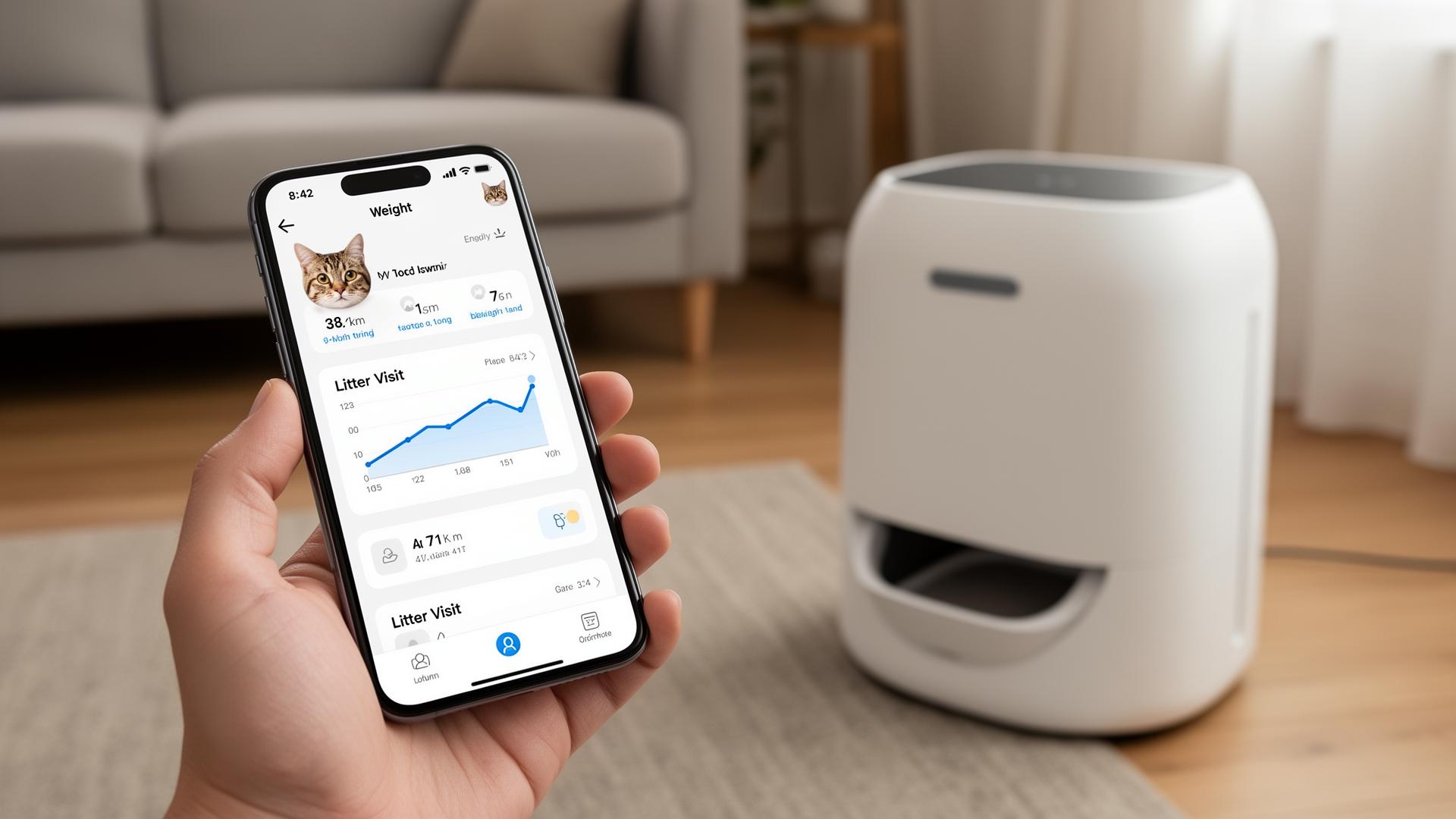 The Mintakawa companion app shows weight and visit data Hand holding a smartphone showing a pet monitoring app with cat weight chart and litter box visit log next to an automatic litter box