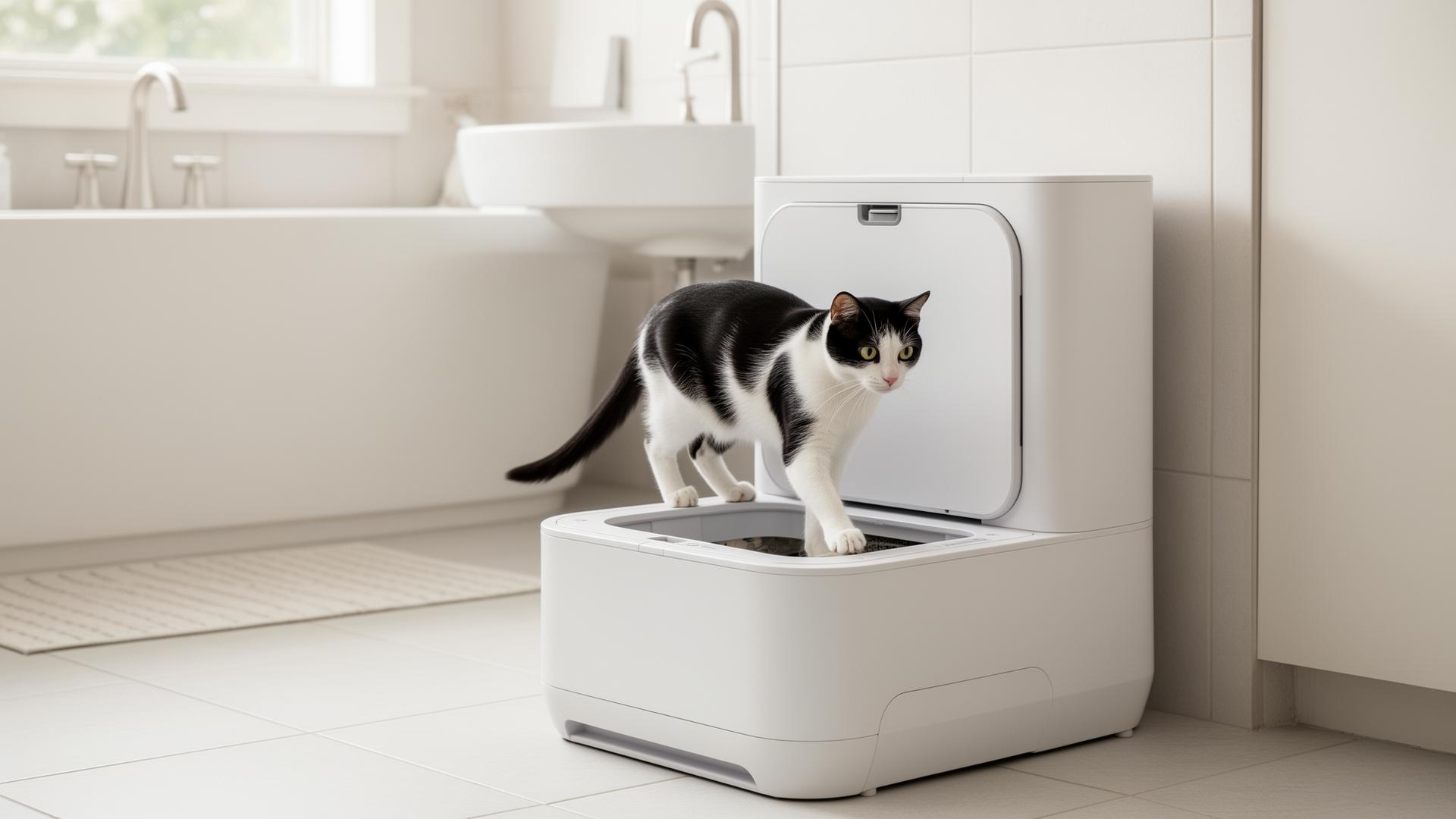 A tuxedo cat using the Mintakawa automatic cat litter box Black and white tuxedo cat stepping into a modern white automatic self-cleaning cat litter box in a clean bathroom