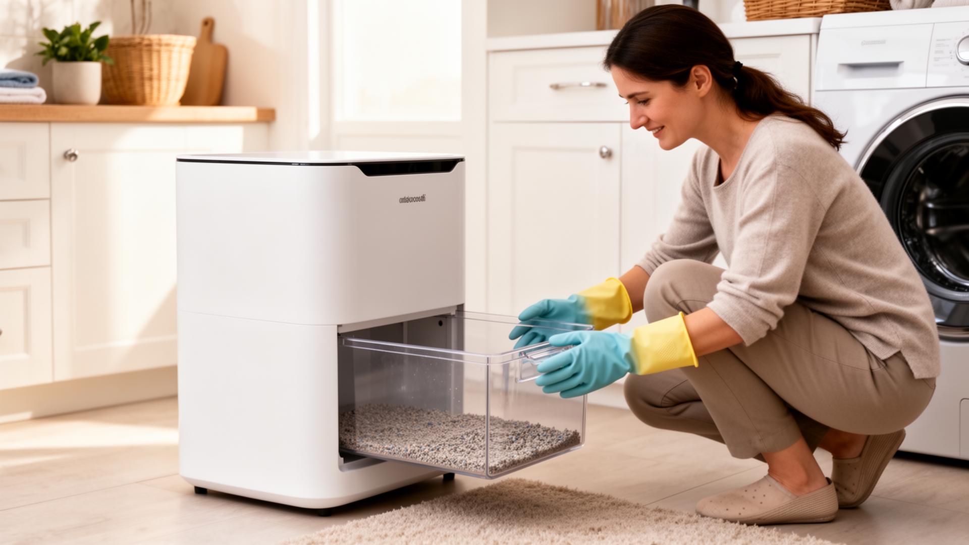 The Mintakawa drum lifts out for easy washing Person wearing rubber gloves removing a clear waste drawer from a modern white automatic cat litter box for cleaning in a tidy laundry room