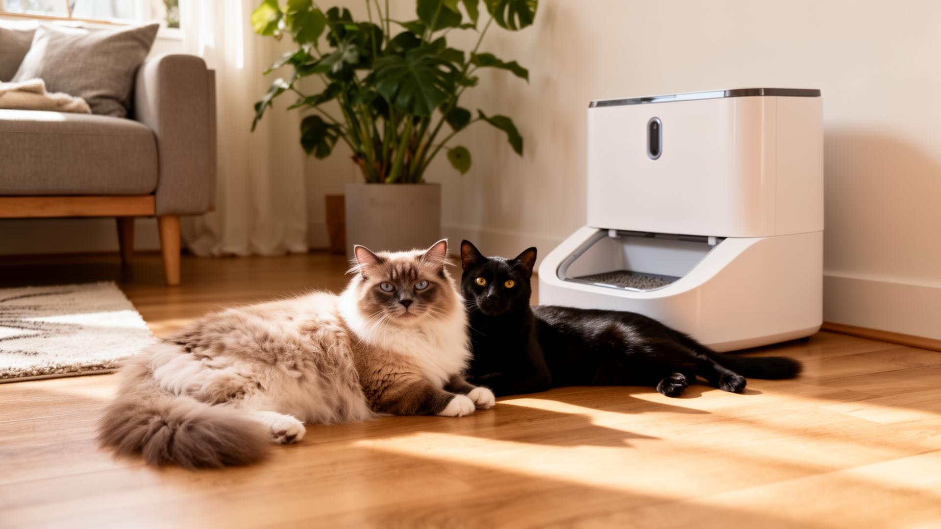 The Mintakawa fits comfortably in homes with up to two medium cats A fluffy ragdoll cat and a black cat resting on hardwood floor next to a modern white automatic litter box in a sunlit living room