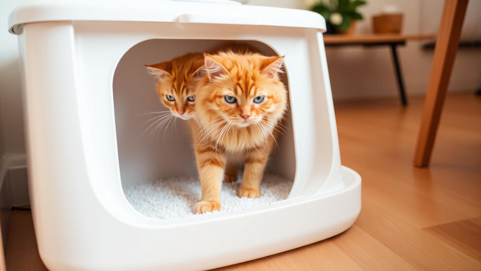 Cats accept PrettyLitter quickly thanks to its soft, unscented crystals Fluffy orange ginger cat stepping into a clean white litter box filled with white silica crystal cat litter in a cozy home