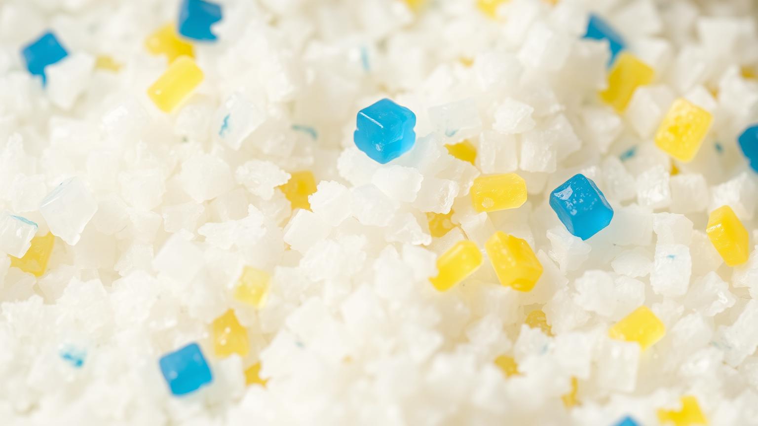 PrettyLitter color-changing silica crystals Macro close-up of white silica crystal cat litter with blue and yellow color-changing granules indicating urinary pH changes