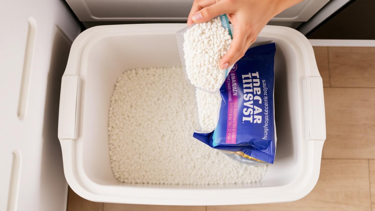 Pour PrettyLitter to about 2 inches deep for best performance Person pouring white silica crystal cat litter from a bag into a clean white litter box, top down view