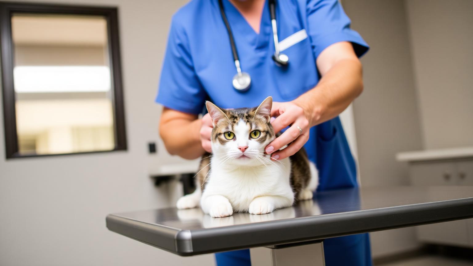 PrettyLitter is a complement to, not a replacement for, regular vet care Veterinarian in blue scrubs gently examining a calm white and brown tabby cat on a stainless steel exam table in a modern clinic