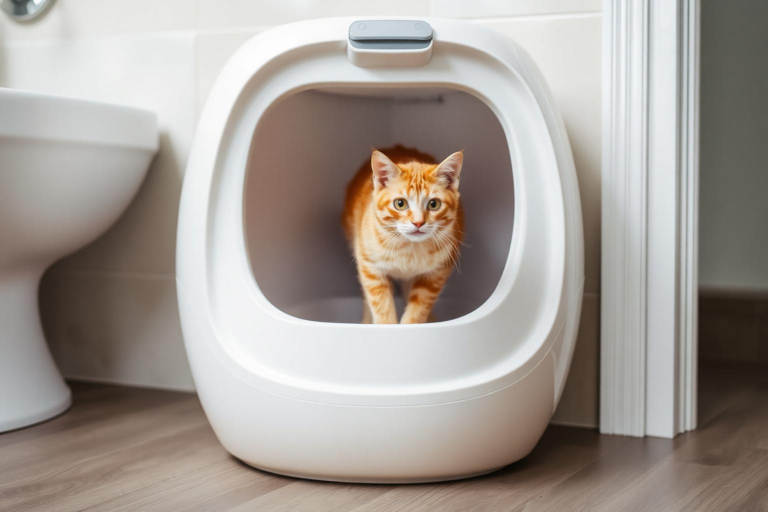 Cats accept the ScoopFree Crystal Pro thanks to its spacious covered design Curious orange tabby cat stepping into a covered PetSafe ScoopFree Crystal Pro automatic self cleaning litter box in a modern bathroom