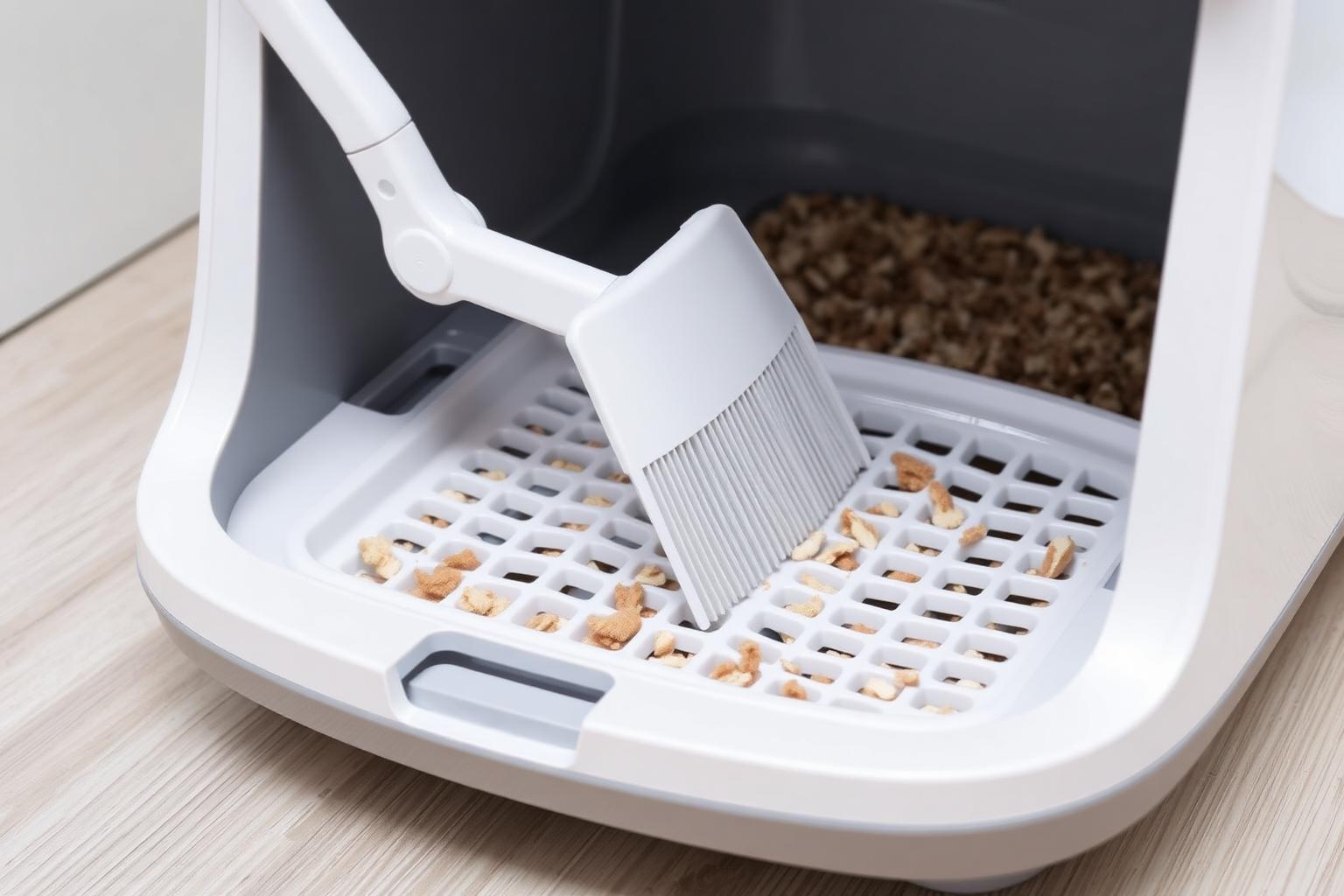 The motorized rake activates 20 minutes after each cat visit Close up of the automatic raking mechanism inside a PetSafe ScoopFree Crystal Pro self cleaning litter box sweeping waste into the covered tray