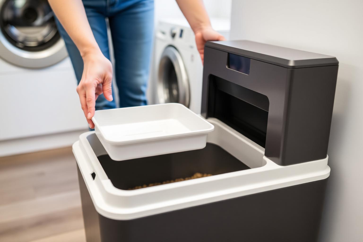 Replace the disposable tray every 20–30 days for a single cat Person lifting a disposable crystal litter tray out of the PetSafe ScoopFree Crystal Pro automatic litter box in a clean modern laundry room