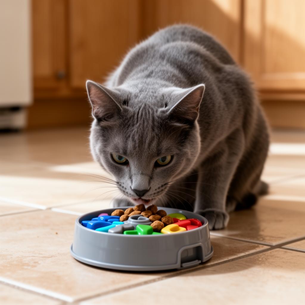 Puzzle feeders burn mental energy and help prevent night-time zoomies Gray Russian blue cat eating from a colorful slow puzzle feeder bowl on kitchen floor