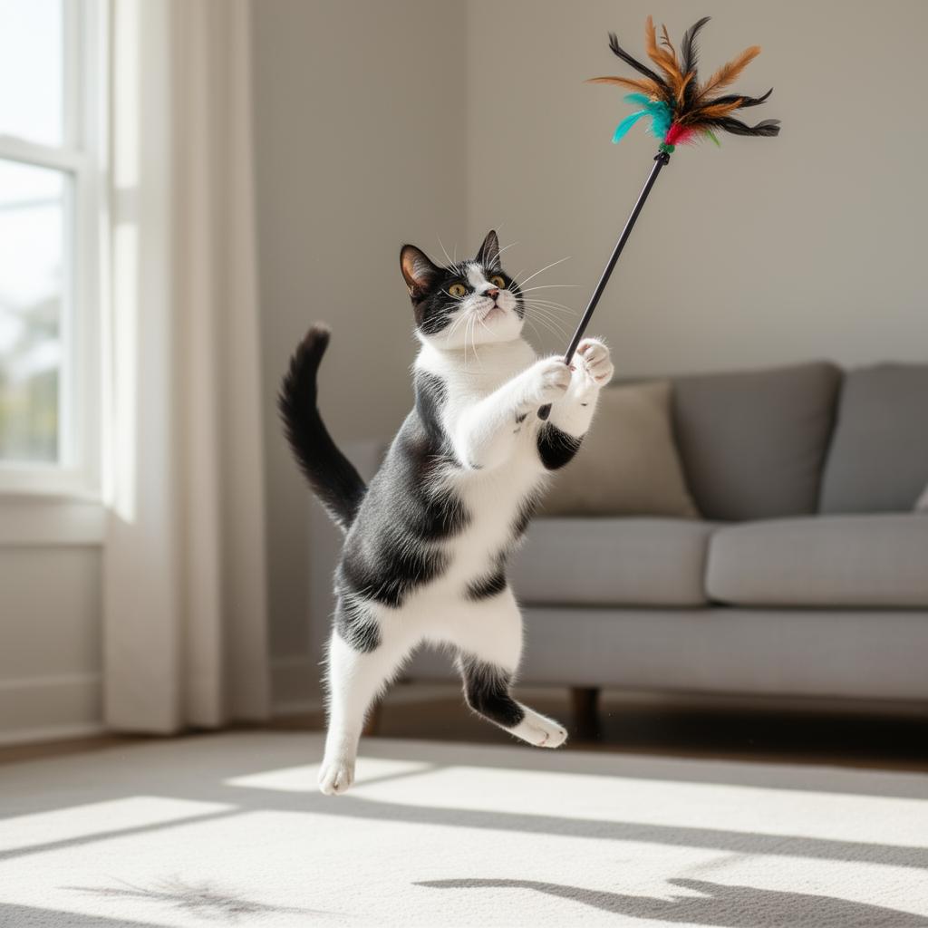 Evening wand-toy play burns the energy that fuels 3 AM zoomies Tuxedo cat leaping in midair to catch a feather wand toy in a sunlit living room