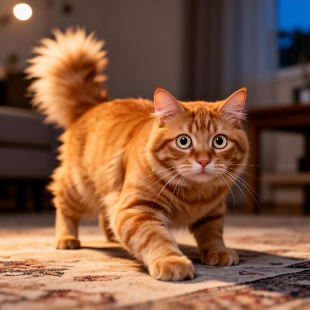 Cat in classic zoomies pounce posture Orange tabby cat in a low pounce pose with dilated pupils, mid-zoomies on a rug