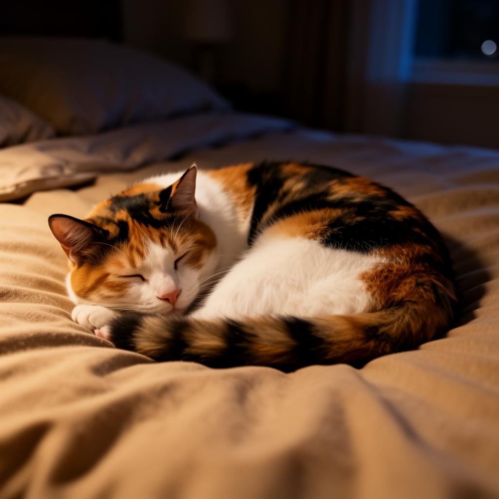 A well-played, well-fed cat collapses into a deep night sleep Calico cat curled up sleeping peacefully on a beige bed at night with full body and face visible